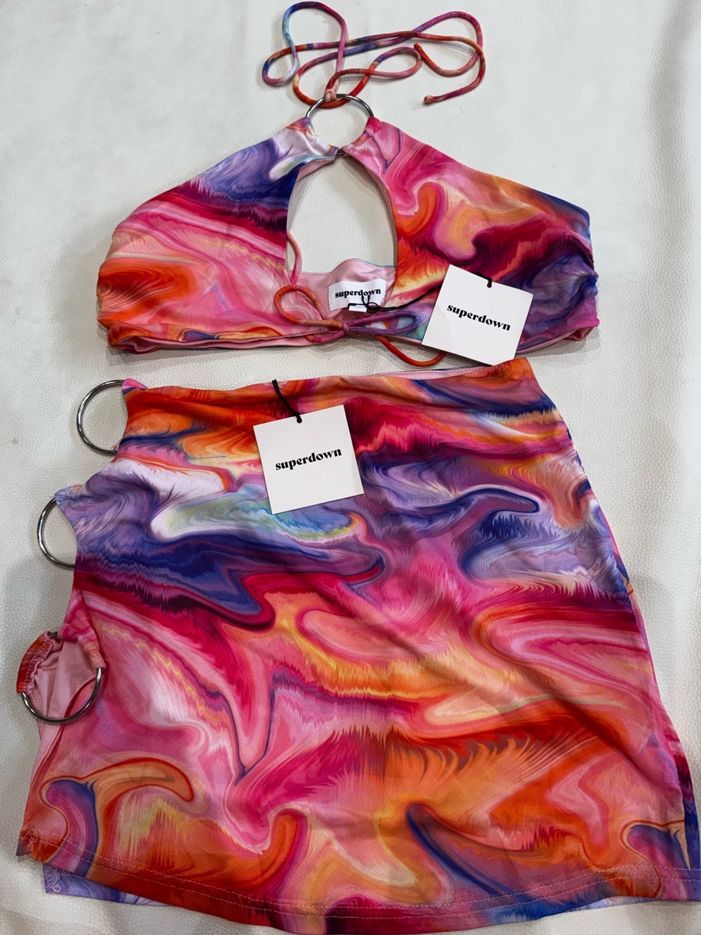 superdown Pink Multi Swirl Halter Top and Mini Skirt Set